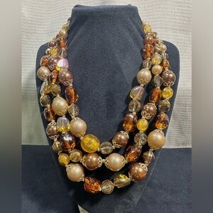 Vtg: Vendôme Faux Pearl & Honey Amber Faceted Glass Triple Strand Necklace
